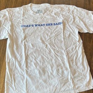 White T-Shirt with Blue Text